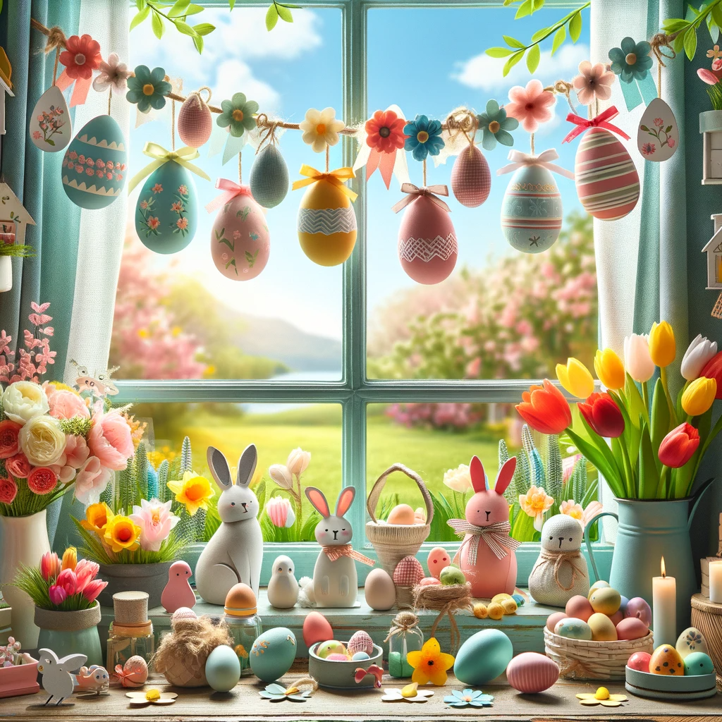 Cheerful Easter window decor displaying a variety of DIY ideas for home. The scene includes a sunlit window with a spring view, decorated with multicolored Easter eggs, and paper bunnies. The window also showcases bright flowers such as tulips and daffodils, along with pastel ribbons and paper cut-outs of chicks and lambs. The handmade decorations, blending painted and crafted elements, evoke a warm, welcoming atmosphere, ideal for Easter and spring celebrations