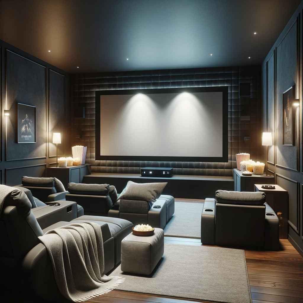 Luxurious home theater setup with a large high-definition TV and a projector-screen, showcasing a diverse range of home cinema options for an enhanced viewing experience