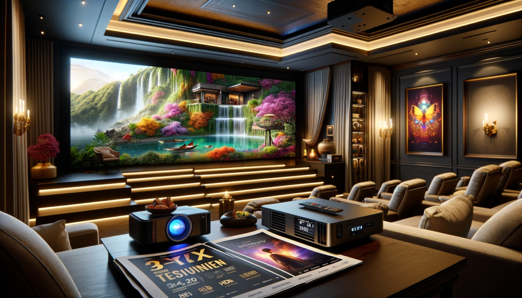 Elegant home theater room featuring a high-quality 5.1 channel surround sound system from leading brands, designed for an immersive home cinema audio experience.