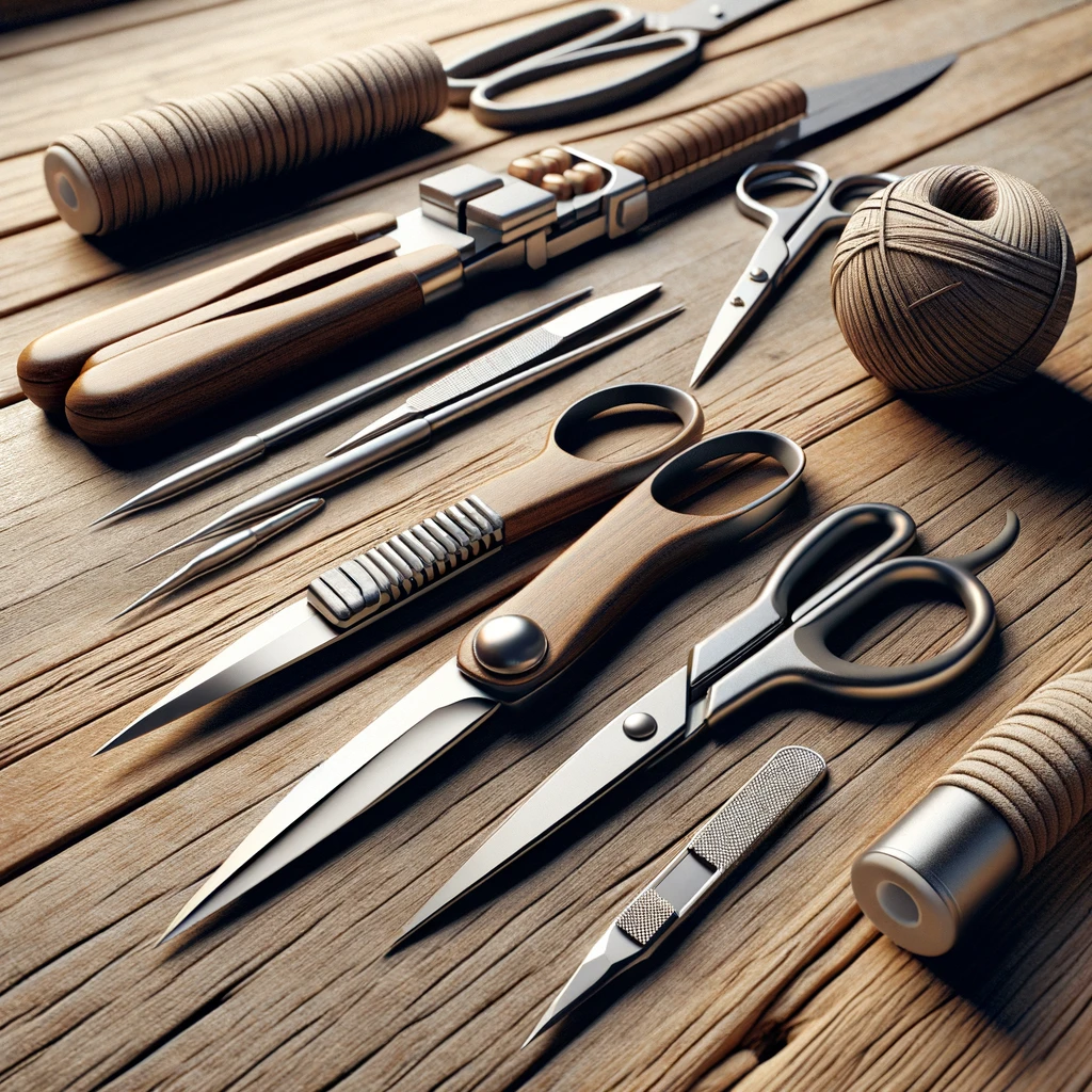 Photorealistic image of essential crafting tools, featuring a pair of scissors and two craft knives on a rustic wooden table. The tools are placed in a simple, uncluttered layout, highlighting their quality