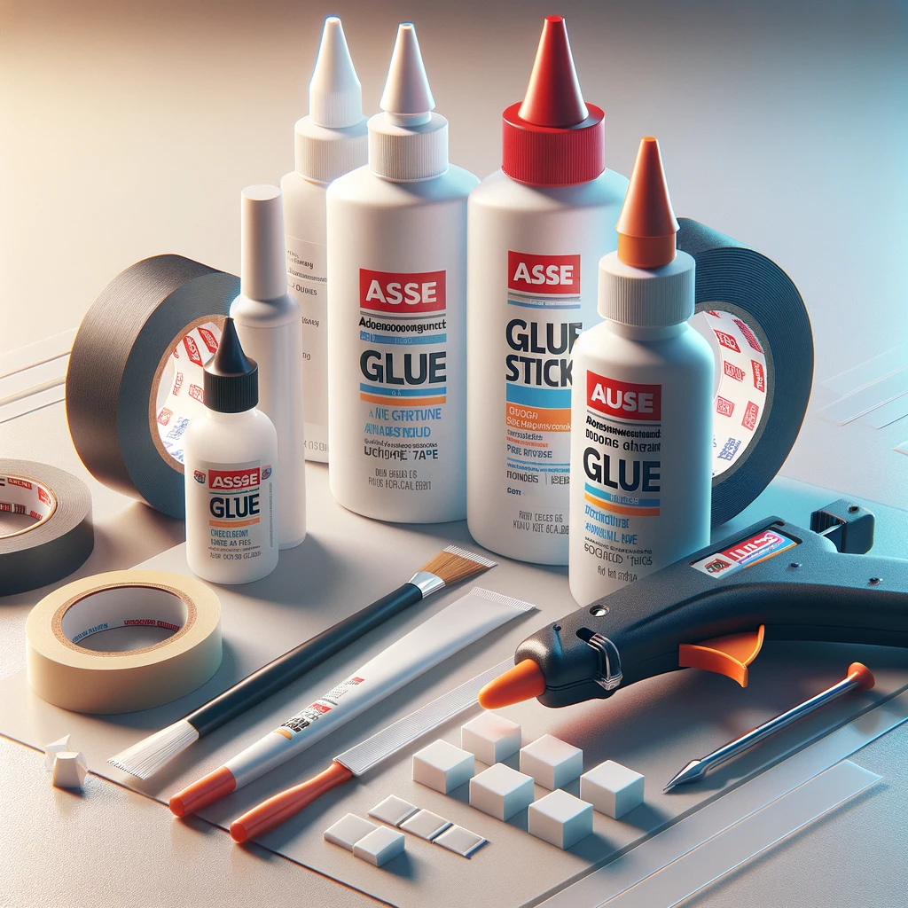 Photorealistic image of essential crafting adhesives on a clean surface, featuring a minimal selection of glue bottles, a glue stick, double-sided tape, and a hot glue gun. The items are sparsely arranged, focusing on their practical use in crafting. The simple and uncluttered background enhances the realistic appearance of the adhesives, making it an ideal visual for a step-by-step crafting guide