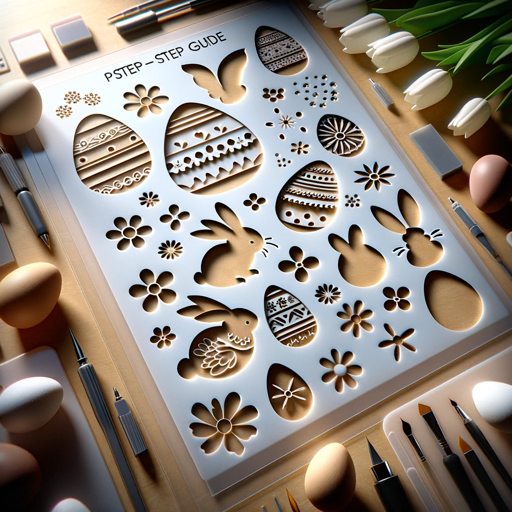 Crafting workspace with Easter-themed stencils for a step-by-step guide, featuring cut-out designs of eggs, rabbits, and flowers on a stencil sheet. The sheet is surrounded by crafting tools including pencils, a cutting knife, and eggs, with a tulip bouquet adding a touch of spring. The stencils are precisely cut, casting shadows on the surface below, indicative of the intricate patterns to be used for Easter decorations.