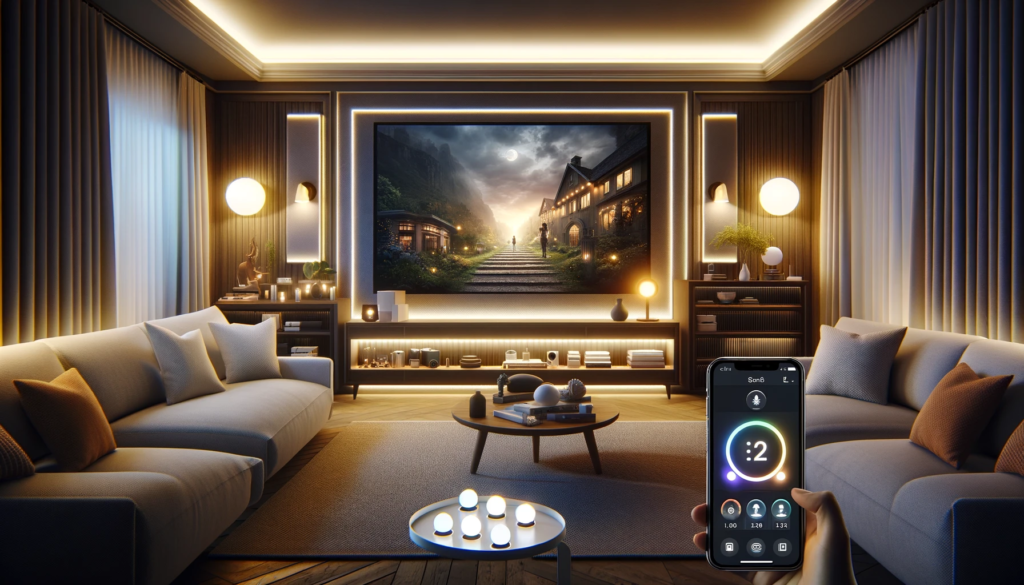 Cozy home theater room demonstrating effective lighting design with dimmable LED lights and smart bulbs, ideal for creating a customizable ambiance in a modern home cinema.