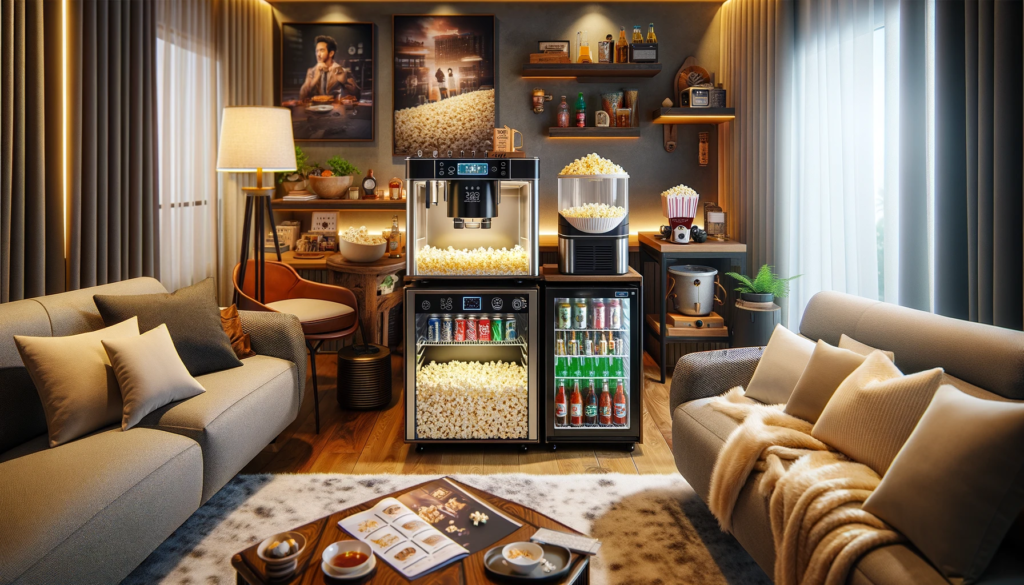 Charming home theater room featuring a snack station with a mini-fridge, popcorn maker, and beverage cooler, perfect for completing the home cinema experience with refreshments.