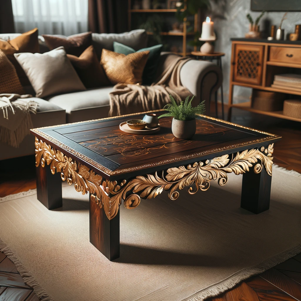 An image showcasing a DIY coffee table with gold leaf accents.