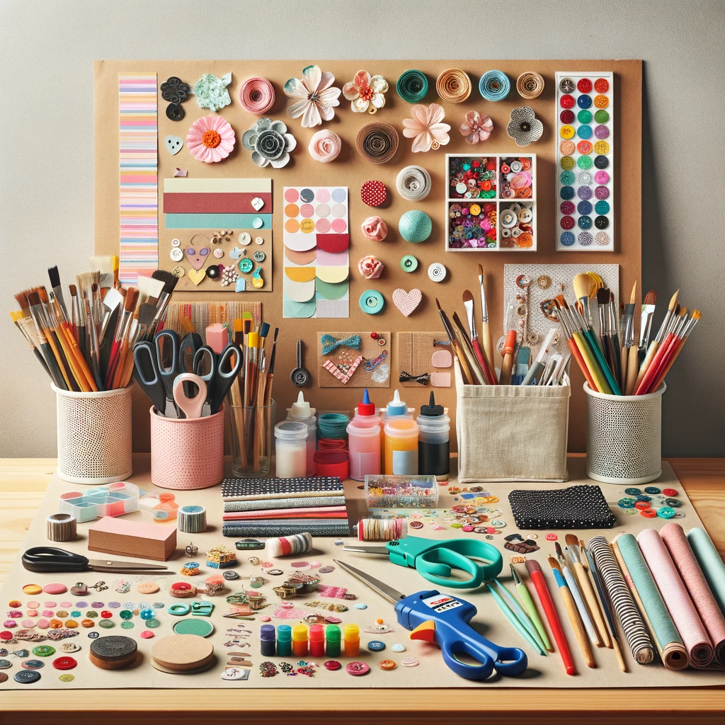 Organized crafting table set against a neutral background, showcasing essential DIY supplies. The table is covered with colorful paper sheets, fabric scraps, ribbons, and neatly arranged crafting tools including scissors, glue, paintbrushes, markers, and a hot glue gun. A small container on the side holds a variety of buttons, beads, and sequins, adding to the array of materials. The overall layout is tidy and inviting, ideal for engaging in creative crafting activities.