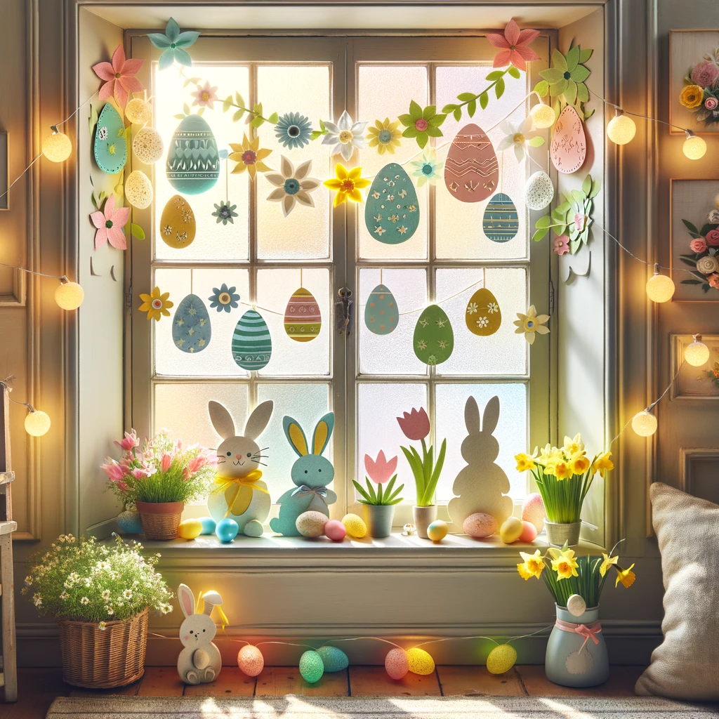 DIY Easter Window Decorations with Handmade Pastel Paper Cutouts of Eggs, Bunnies, and Flowers, Twinkling Multi-Colored Lights, and Potted Spring Flowers on Windowsill in a Festive Room