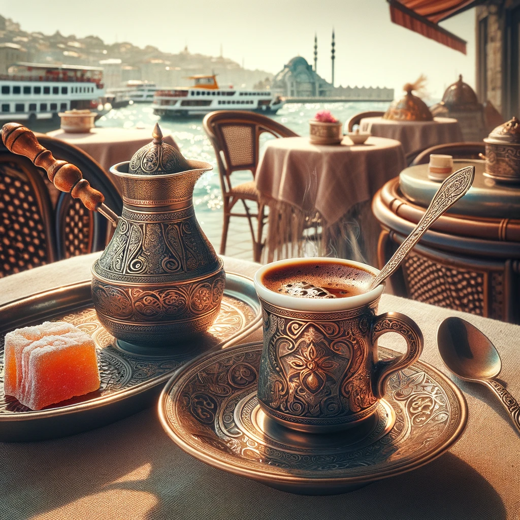 Traditional Turkish coffee experience in Istanbul with cezve, ornate cup, and Turkish delight, set against a Bosphorus view and a lively market street, embodying the warm, cultural essence of Turkish coffee rituals