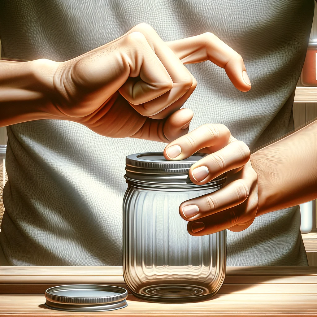 This image depicts an individual utilizing their palm to open a jar, a technique effective in loosening tight lids. The person is seen placing their palm on the jar lid and applying downward pressure while twisting, a method suitable for various jar types. The background features a kitchen counter adorned with an assortment of jars, highlighting the everyday utility of this technique. The overall scene conveys the simplicity and practicality of using the palm for opening jars in common kitchen scenarios.