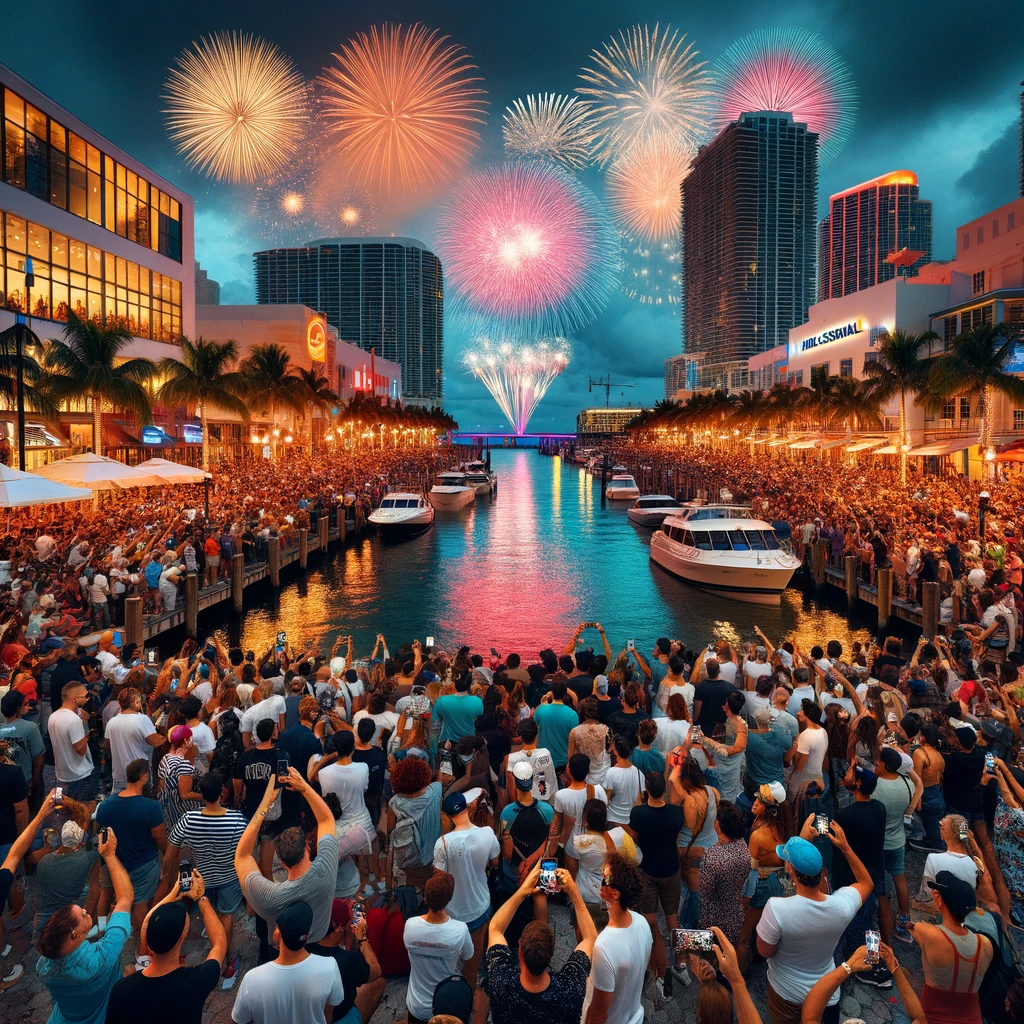 Crowd witnessing a spectacular fireworks display at Miami's Bayside Marketplace during an evening event. The scene captures a mixture of excitement and surprise among diverse groups of people, as they observe the vibrant fireworks illuminating the sky. Reflections of the colorful fireworks are visible on the nearby buildings and water, enhancing the lively atmosphere of the location. Some individuals are seen pointing towards the sky, while others use their smartphones to record the memorable spectacle.