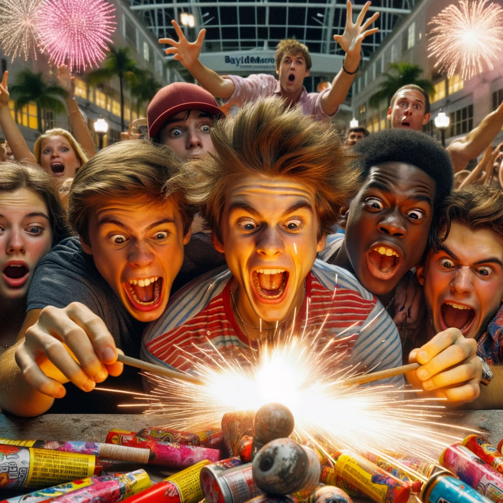 A group of teenagers caught in a moment of exhilaration while setting off fireworks at Miami Bayside Marketplace. The image captures their expressions of thrill and amusement against a backdrop of colorful fireworks bursting in mid-air. Their faces are illuminated by the vivid lights of the fireworks, creating a dynamic interplay of light and shadow. In the background, the marketplace can be seen with onlookers observing the scene, a mix of alarm and curiosity evident on their faces. This image depicts the youthful energy and unintended impact of the teens' prank.