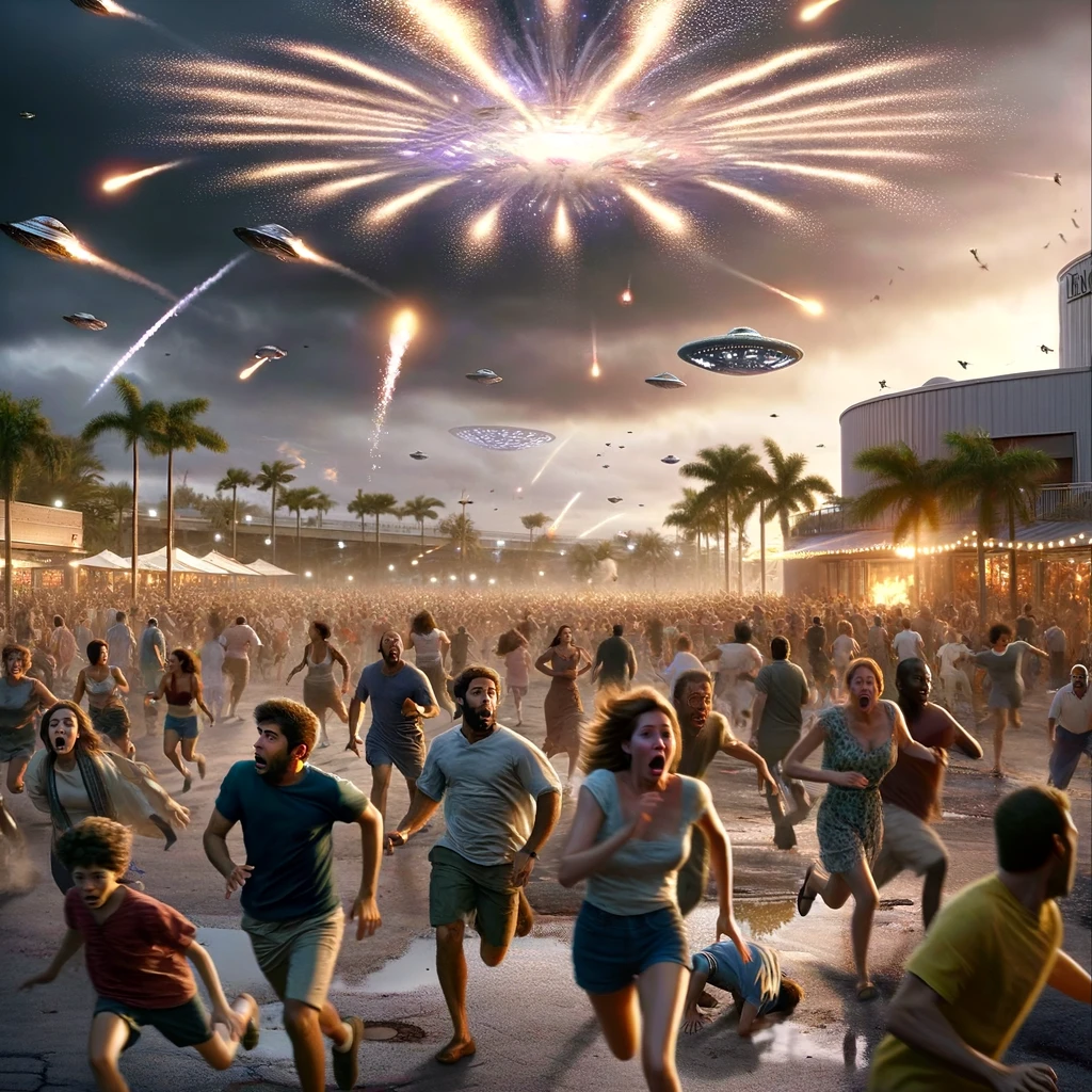 A vivid portrayal of the chaos and panic at Miami Bayside Marketplace, as a crowd reacts to what they mistakenly believe to be a UFO sighting. The image shows people in various states of alarm, running in different directions with expressions of fear and astonishment. Their gazes are directed upwards towards a display of fireworks in the sky, which due to their bright and unusual patterns, resemble a UFO. The eerie glow of the fireworks adds to the intensity of the scene, capturing the moment of confusion and the rapid spread of alien rumors among the attendees.