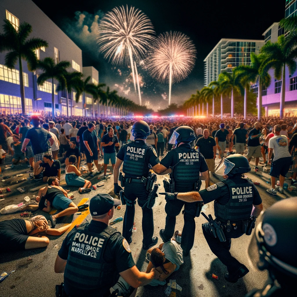 Miami Bayside Marketplace under the watchful eye of police officers, as they respond to the chaotic scene. The officers are depicted managing the crowd with calm and authority, guiding people to safety amidst the backdrop of a dazzling fireworks display. Their composed demeanor stands in contrast to the ongoing spectacle, highlighting their professionalism and dedication to public safety. This image captures the crucial role of law enforcement in dispelling rumors, maintaining order, and ensuring the well-being of the public during a moment of widespread confusion.