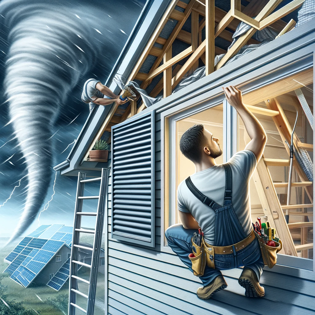 A homeowner actively reinforcing their house for tornado protection, installing storm shutters on windows and inspecting the roof for enhanced windstorm safety, showcasing proactive steps in tornado damage prevention.