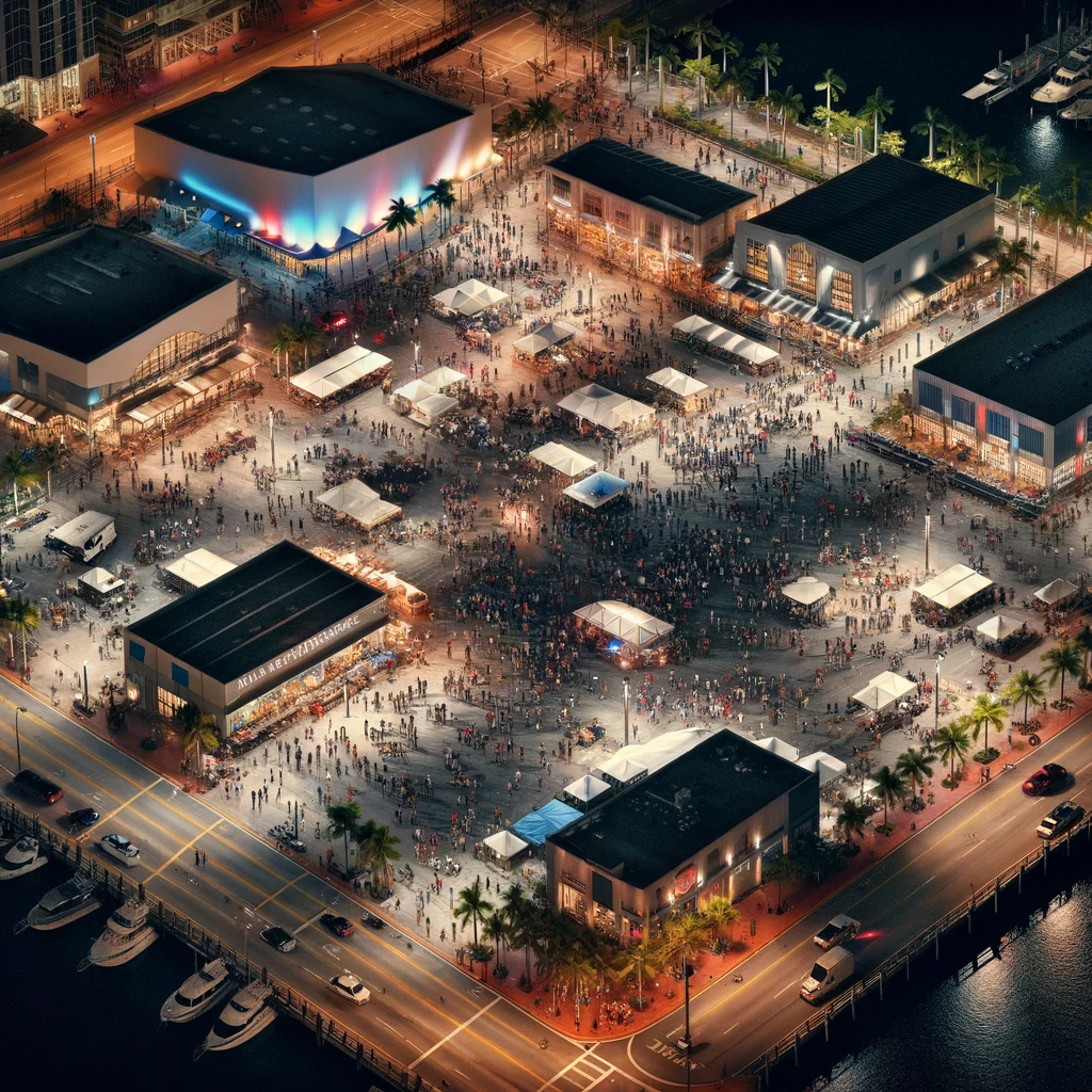 An aerial perspective of Miami Bayside Marketplace in the aftermath of the fireworks confusion, as it gradually returns to its usual vibrant rhythm. The image showcases the area bathed in the warm glow of streetlights, with people slowly resuming their normal activities. Groups are seen gathered, some engaged in animated discussions about the night's events, with reactions ranging from laughter to disbelief. This scene captures the unique spirit of Miami's culture and the community's resilience, moving beyond the initial excitement and confusion to embrace the normalcy of a lively evening.