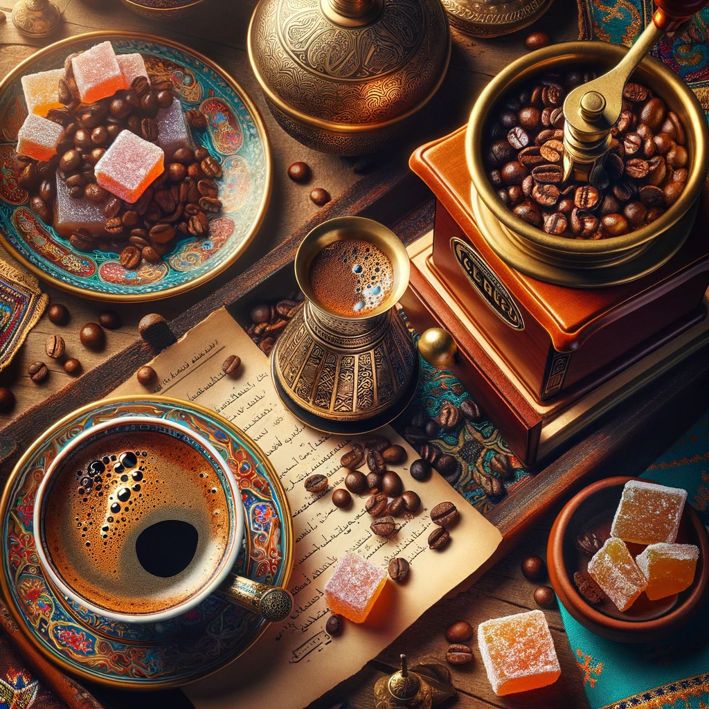 Vibrant Turkish coffee table setting featuring a cezve, decorated cup, Turkish delight, brass grinder with coffee beans, set on a patterned cloth with a book on coffee ground reading, illustrating the rich, colorful tradition of Turkish coffee preparation and enjoyment.