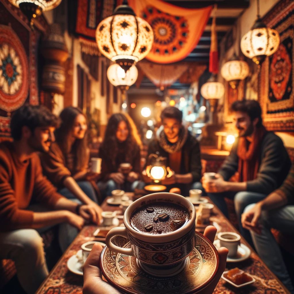 Cozy Turkish café scene of a group engaged in coffee ground fortune telling, featuring a person with an upside-down coffee cup on a saucer, friends gathering around, empty coffee cups, and plates of Turkish delight, encapsulating the warmth, cultural tradition, and mystical aspect of Turkish coffee.