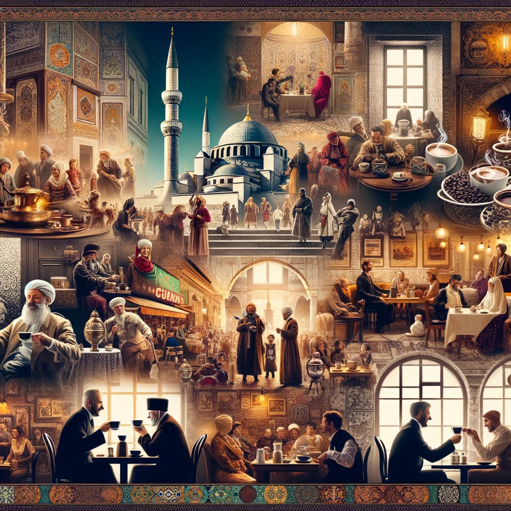 Montage of Turkish coffee history, from Ottoman Empire origins with historical figures in palatial settings, through its 19th-century spread in European cafes, to its modern urban popularity, depicting the timeless and global journey of Turkish coffee across centuries and cultures.