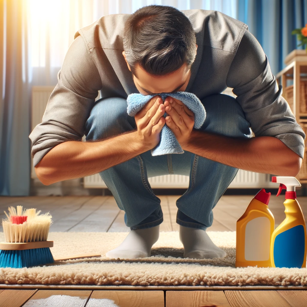 A frustrated individual is visually inspecting a carpet with a discernible stain, indicative of persistent odor issues. Nearby, an array of cleaning supplies and a scrubbing brush underscore efforts to neutralize the unpleasant smell, set against the backdrop of a tidy and well-lit living space.