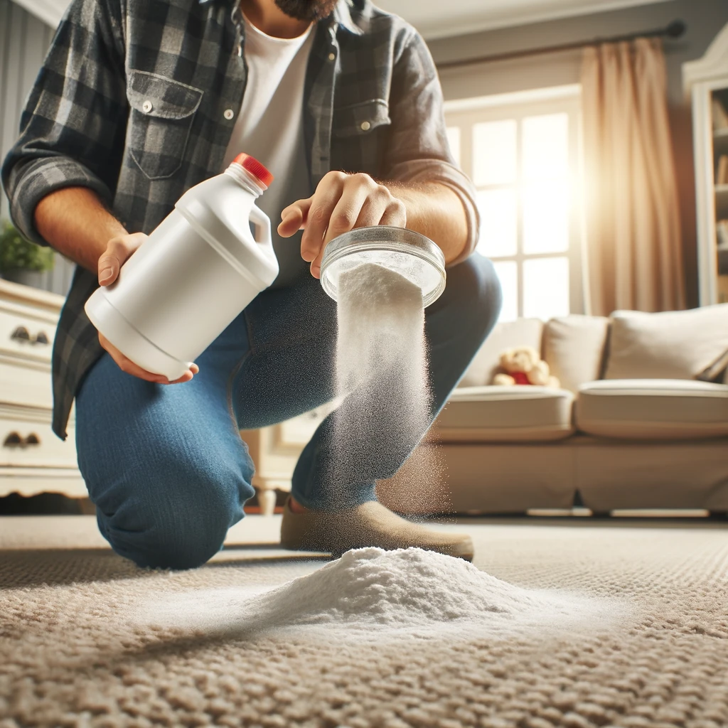 In a warm and inviting living room, an individual is meticulously distributing baking soda over a carpet, a natural strategy for absorbing and eradicating lingering odors. The scene captures the essence of a do-it-yourself remedy, with the person engrossed in the task, emphasizing a proactive approach to maintaining a fresh and odor-free home environment.