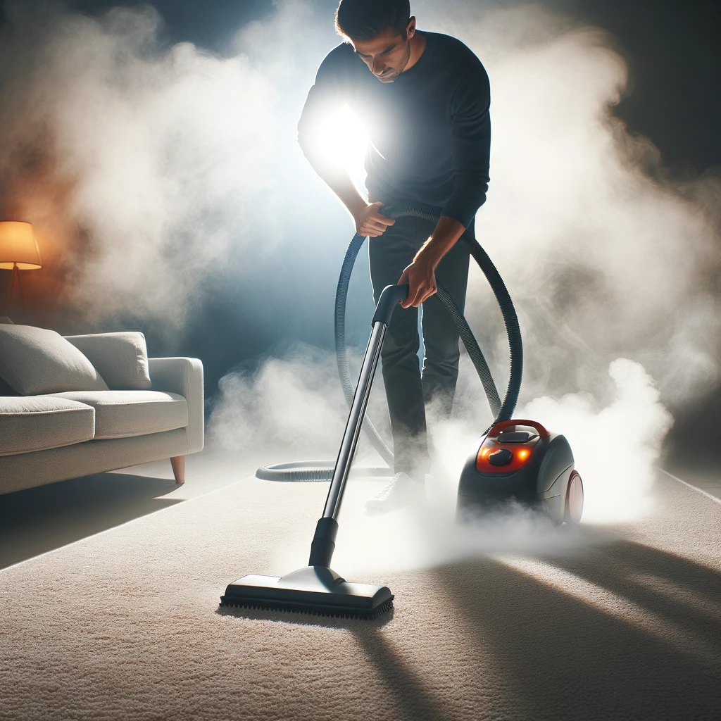 The image portrays a focused individual deeply cleaning a carpet with a steam cleaner, an advanced technique for odor removal. The process is highlighted by the steam visibly emanating from the cleaner, signifying the intense cleaning action. The person's determined demeanor underscores a professional and effective approach to eliminating persistent carpet odors.