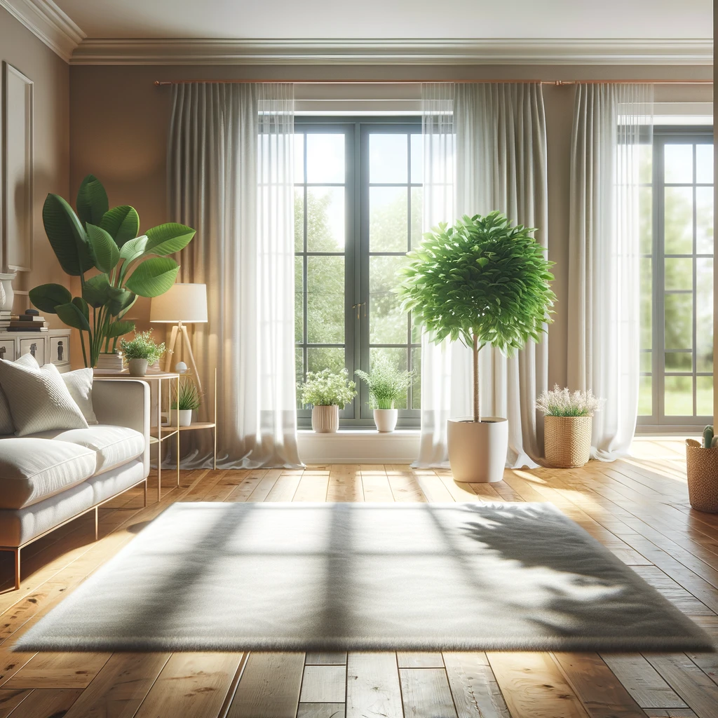 A serene and inviting living room bathed in natural sunlight, with a large window open to the fresh, outdoor air. The room showcases elegant furnishings and a harmonious blend of natural elements such as rich wooden flooring and vibrant potted plants. At the center lies a plush, odor-free carpet, contributing to the room's overall sense of purity and tranquility. No cleaning equipment is in sight, emphasizing the cleanliness and revitalization of the space.