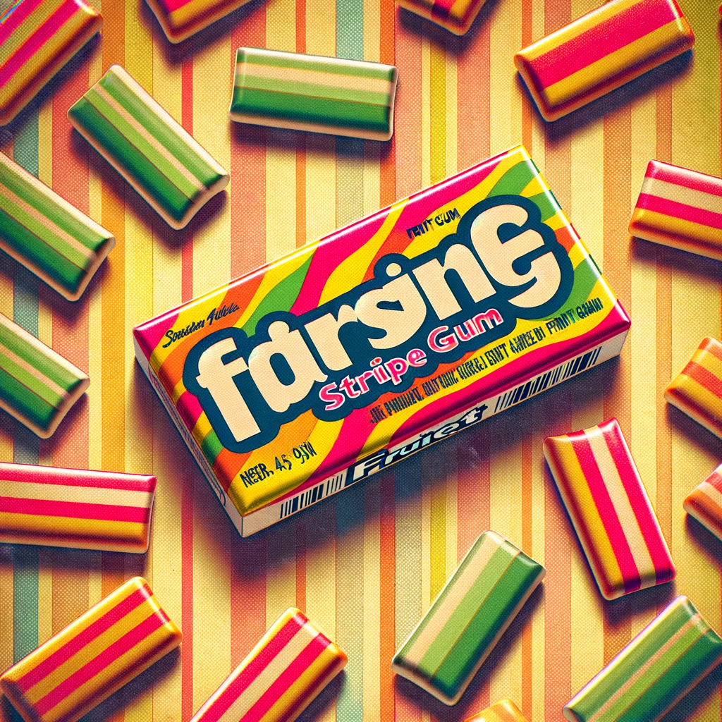 The first image beautifully captures the nostalgia of Fruit Stripe Gum. It features a pack of the iconic gum with its vibrant stripes, set against a background adorned with scattered, colorful gum wrappers. The retro-inspired pattern in the background is a nod to the era when Fruit Stripe Gum was a popular treat. This image vividly represents the unique appeal of the striped fruit gum, emphasizing its distinctive packaging and the bright, eye-catching stripes that made it an unforgettable part of many childhoods.