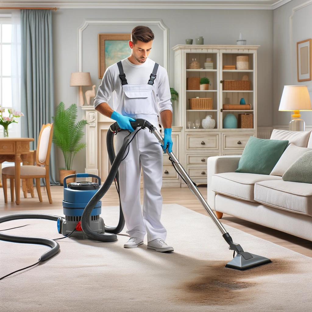 A professional carpet cleaner, dressed in a crisp uniform, is attentively operating a high-grade cleaning machine on a carpet within a well-appointed living room. The setting appears authentic and lived-in, with stylish furnishings and personal decor creating a warm, domestic atmosphere. The cleaner's skillful handling of the equipment highlights the proficiency and efficiency expected from expert odor and stain removal services.