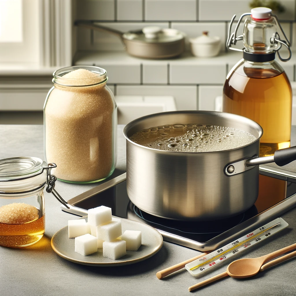 Kitchen countertop showcasing the process of making corn syrup, featuring granulated sugar, water, and a saucepan on a stove with a candy thermometer, next to a jar of freshly made golden corn syrup.