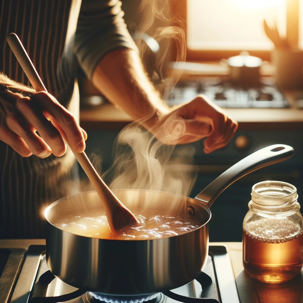 Person stirring a sugar and water mixture in a saucepan, with steam rising, capturing the glossy texture of the syrup and the warm, inviting ambiance of the kitchen.