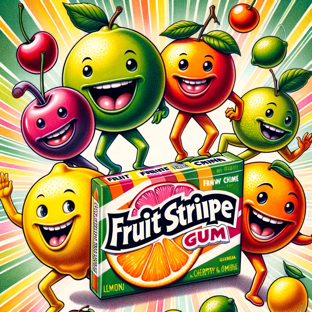 The second image is a playful and whimsical illustration that showcases various fruits, such as lemon, cherry, orange, and lime, dancing around a pack of Fruit Stripe Gum. Each fruit character is drawn with lively, animated expressions, perfectly symbolizing the different fruit flavors that contributed to the gum's appeal. The background bursts with fruity colors, enhancing the lively and fun atmosphere of the image. This delightful scene encapsulates the joy and excitement associated with Fruit Stripe Gum, evoking a sense of playful nostalgia.