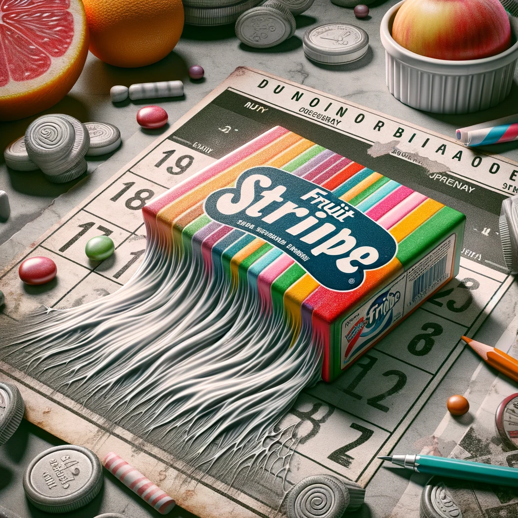 image poignantly captures the theme of Fruit Stripe Gum's discontinuation. It features a pack of the gum, with its once vibrant stripes gradually turning to grayscale, effectively symbolizing its phase-out from the market. Surrounding the fading pack are elements steeped in nostalgia, such as an old-fashioned candy store setting and a calendar marked with the year of the gum's discontinuation. This image evokes a deep sense of nostalgia and marks the end of an era, highlighting the significant impact that the discontinuation of Fruit Stripe Gum has had on its loyal fan base.