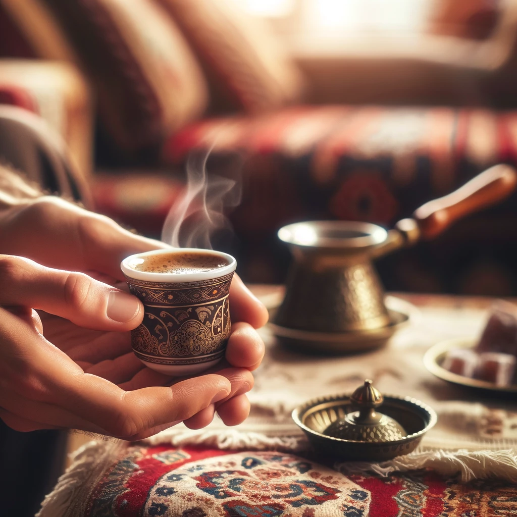 Intimate moment of enjoying Turkish coffee, showcasing hands holding an Ottoman-motif cup with rising steam, set against a traditional Turkish living room backdrop with patterned textiles, brass table, cezve, and Turkish delight, evoking the authentic essence of Turkish coffee culture.